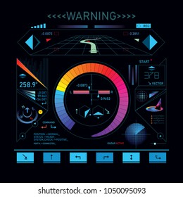 HUD futuristic display showing data parameters, glowing dashboard interface on black screen. Vector illustration
