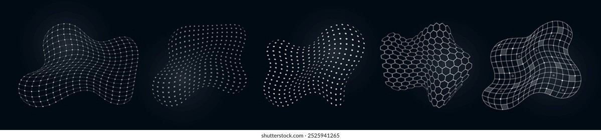 Conjunto de rejilla de superficie de Elementos 3D distorsionados futuristas HUD. Formas de malla de alambre flexible de interfaz de usuario digital. GUI hi tech abstract forma un wireframe poligonal. Modelos lineales hexagonales y aislados punteados de FUI Sci Fi. Eps
