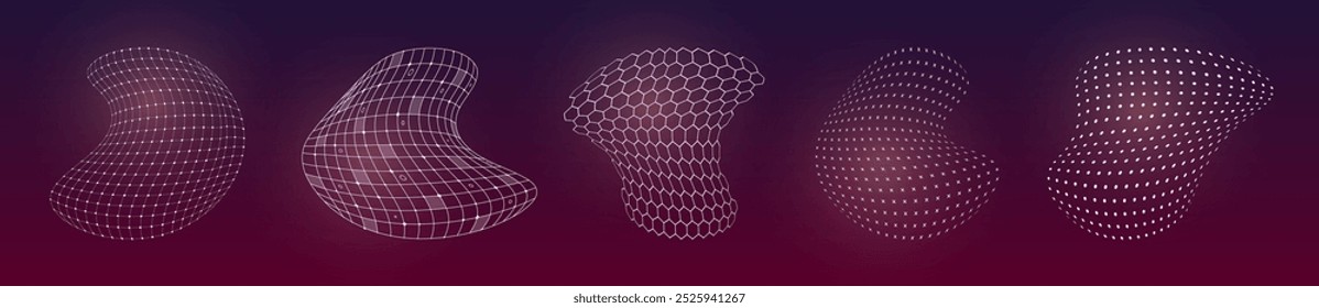 HUD futuristic distorted 3D elements surface grid set. Digital UI flexible wire mesh structure. GUI hi tech abstract polygonal wireframe shapes concept. FUI Sci Fi linear hexagons and dotted models