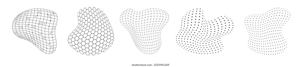 Conjunto de grades de superfície de elementos 3D distorcido futurista HUD. Estrutura de malha de arame flexível de IU digital. Conceito de formas de wireframe poligonais abstratas de alta tecnologia da GUI. FUI Sci Fi linear modelos hexagonais e pontilhados