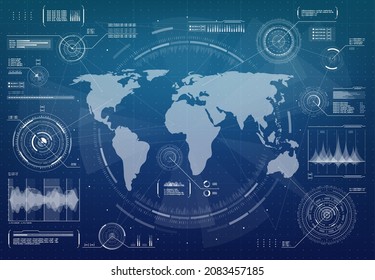 HUD futuristic Earth planet world map hologram with digital interface. Military control, world economy and finances virtual diagram. Sci Fi vector infographics, satellite spy or command interface