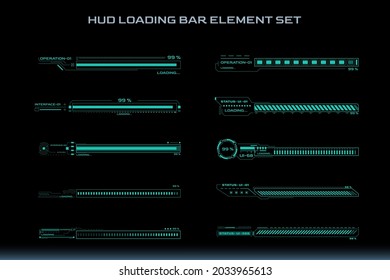 HUD Futuristic Element Loading Bars Progress Set Vector Background. Abstract Data Status User Interface System Monitoring Illustration.