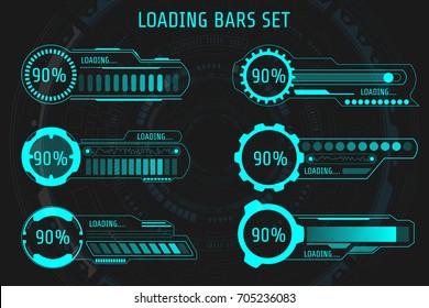 HUD Futuristic Element Loading Bars Set Vector Background. Abstract Big Pack User Interface Progress Monitor Illustration.