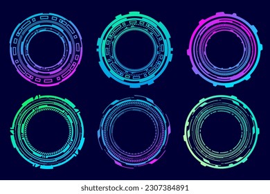 HUD futuristic elements. Abstract optical neon aim. Circle geometric shapes for virtual interface and games. Camera viewfinder for sniper weapon. Vector set.