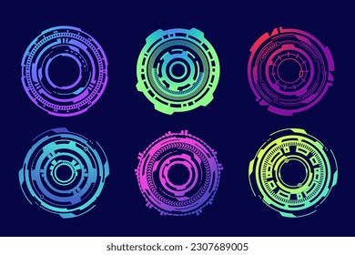 HUD elementos futuristas. Abstracto de objetivo óptico de neón. Formas geométricas de círculo para la interfaz virtual y los juegos. Visor de cámara para arma de francotirador. Conjunto de vectores.