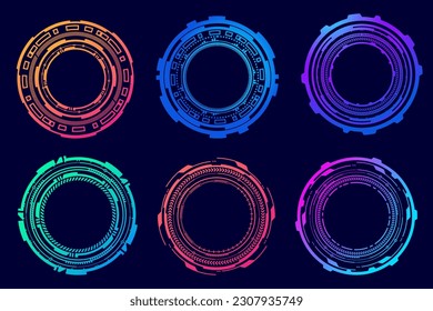 HUD elementos futuristas. Abstracto de objetivo óptico de neón. Formas geométricas de círculo para la interfaz virtual y los juegos. Visor de cámara para arma de francotirador. Conjunto de vectores.