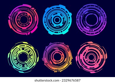 HUD elementos futuristas. Abstracto de objetivo óptico de neón. Formas geométricas de círculo para la interfaz virtual y los juegos. Visor de cámara para arma de francotirador. Conjunto de vectores.