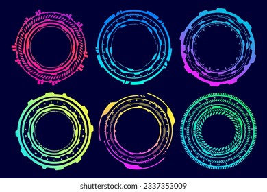 HUD futuristic elements. Abstract optical neon aim. Circle geometric shapes for virtual interface and games. Camera viewfinder for sniper weapon. Vector set.