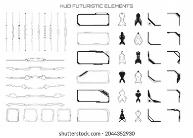 HUD Futuristic Elements Basic Communication Concept Vector Set. Abstract Header Footer Status Bar, Side Frames, Screen, Arrow, Border, Corner Illustration.