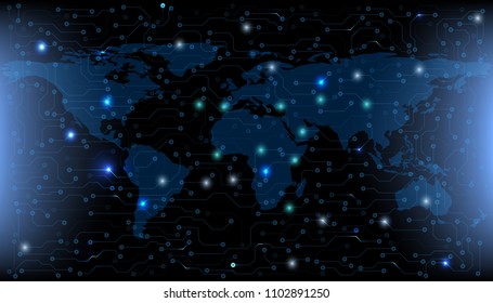 HUD Futuristic Elements Future Circuit Board Data Communication Transform. Abstract World Map Scifi Illustration