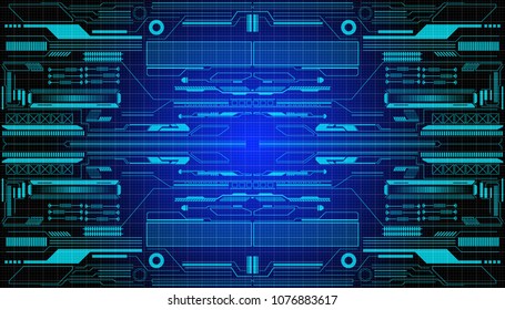 HUD Futuristic Elements Infographic UI Communication Panel On Grid Background Vector. Abstract Center Blue Scifi Hi Technology Illustration Concept Design.