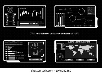 HUD Futuristic Elements Screen Interface Control Panel Abstract Illustration. Green Display Bitcoin Technology, DNA Analysis, Hand Finger Security Scan, World Map Location Identification Vector.