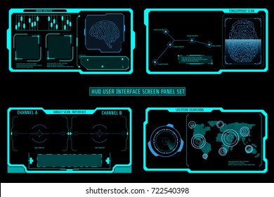 HUD Futuristic Elements Screen Interface Control Panel Abstract Illustration. Brain Analysis ,Fingerprint  ,Target ,World Map Location Scan Monitor Concept  Vector.