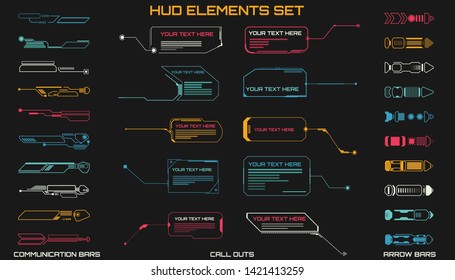 HUD Futuristic Elements Set With Call Outs Communication And Arrow Bars Include Vector. Virtual Hi Scifi Technology Gadget Interface For Game App UI Illustration.