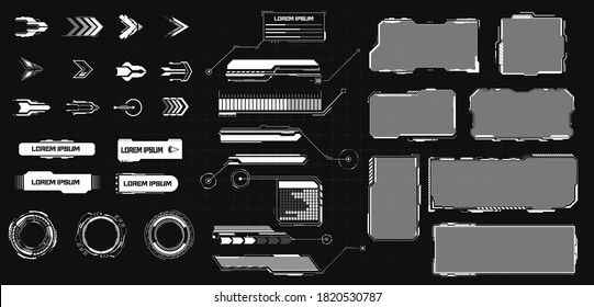 HUD futuristic elements set with call outs communication and Arrow bars include frame. Set of Sci Fi Modern User Interface Elements. 
Callout bar labels, digital info boxes vector illustration