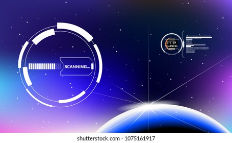 HUD Futuristic Elements User Screen Interface Monitor In Galaxy Space Vector Background. System Scan Star Dot Scifi With Planet Universe Illustration
