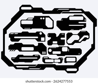HUD futuristic frame border cyberpunk interface game panel streetwear elements set collection cyber sci-fi, editable