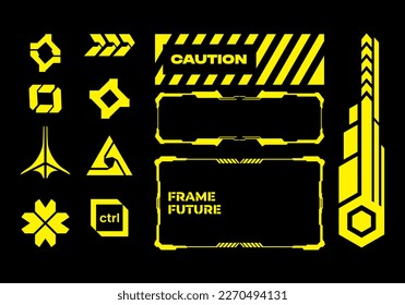 HUD elementos de borde de marco futurista empacan advertencia línea amarilla ciberciencia ficción, símbolo de icono cyberpunk