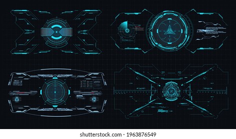 HUD futuristic frame. Game target borders, sci-fi empty banners for scope of the game, menu technology interface. Target ui, ux screens. Virtual reality technology view display helmet, crosshair, aim