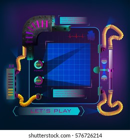 HUD futuristic game display. Heads-Up Display. Technology interface. Map coordinates grid. Ui user interface. Good for mobile applications, web design. Glass screen, wires, cables, test-tube. Vector.