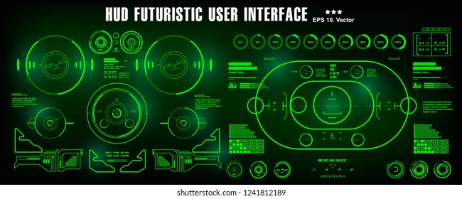 HUD futuristic green user interface, dashboard display virtual reality technology screen, target
