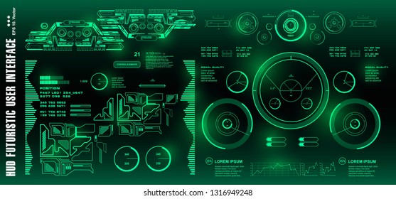 HUD futuristic green user interface, target. Dashboard display virtual reality technology screen