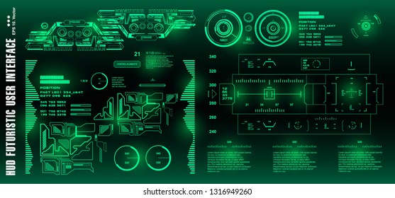 HUD futuristic green user interface, target. Dashboard display virtual reality technology screen