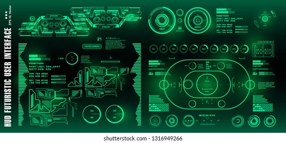 HUD futuristic green user interface, target. Dashboard display virtual reality technology screen