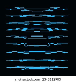 HUD futuristic header and footer interface vector elements of Sci Fi and tech game. Future technology head up display hologram screen frame border lines, blue neon text bars and dividers, ui design,