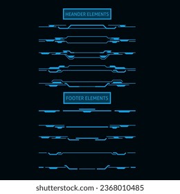 HUD futuristic header and footer interface vector elements of Sci Fi and tech game. Future technology head up display hologram screen frame border lines, blue neon text bars and dividers, ui design,