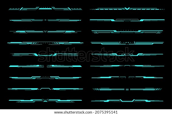 HUD futuristic header and footer interface vector\
elements of Sci Fi and tech game. Future technology head up display\
hologram screen frame border lines, blue neon text bars and\
dividers, ui design