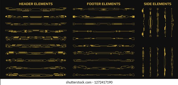 HUD Futuristic Header Footer And Side Elements Set For UI Game Inforgraphic Frame Vector. Gold Abstract Future Cyber Gadget Bar Shape Display Design Illustration.