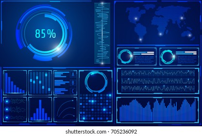 HUD Futuristic Hi Tech User Interface Control Panel Vector Background, Abstract World Map And Graph Elements Display Illustration.