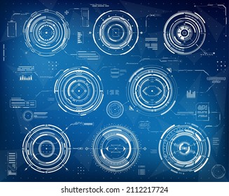 HUD Futuristic Infographic Circular Interface Elements. Business Visual Data, Vector Graph Diagrams. HUD Tech Web Panel Or UI Screen With Digital Chart Or Circle Flowchart And On Virtual Display