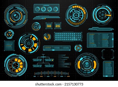HUD futuristic infographics and screen interface panels with speedometer, visual data and loading bar, keypad and info box set. HUD interface vector frame, neon virtual panels and electronic graphs