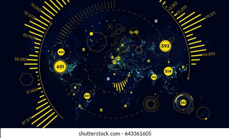 HUD futuristic interface global technology and telecommunication network, Vector world map of world analytics