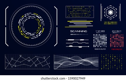 HUD futuristic interface. Hitech display with infographic elements. Dashboard with chart, diagram, line, graphic and data.