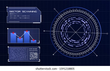 HUD futuristic interface. Hitech display with infographic elements. Dashboard with chart, diagram, line, graphic and data.