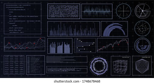 HUD futuristic interface. Hitech display with infographic elements. Dashboard with chart, diagram, line, graphic and data.