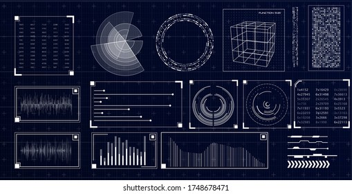 HUD futuristic interface. Hitech display with infographic elements. Dashboard with chart, diagram, line, graphic and data.