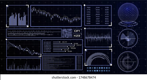 HUD futuristic interface. Hitech display with infographic elements. Dashboard with chart, diagram, line, graphic and data.