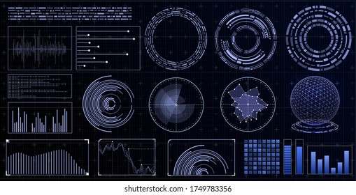 HUD futuristic interface. Hitech display with infographic elements. Dashboard with chart, diagram, line, graphic and data.