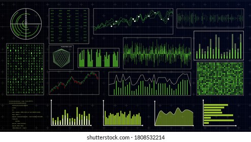 HUD futuristic interface. Hitech display with infographic elements. Dashboard with chart, diagram, line, graphic and data.