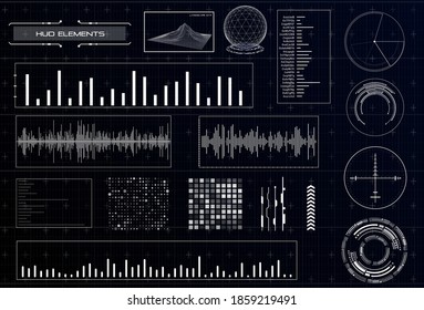 HUD futuristic interface. Hitech display with infographic elements. Dashboard with chart, diagram, line, graphic and data.