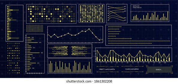 HUD interfaz futurista. Pantalla Hitech con elementos infográficos. Panel con gráfico, diagrama, línea, gráfico y datos.