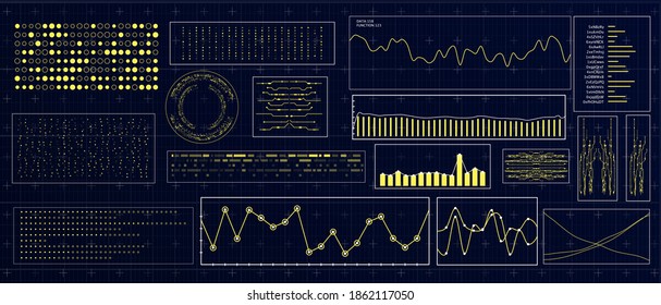 HUD futuristic interface. Hitech display with infographic elements. Dashboard with chart, diagram, line, graphic and data.