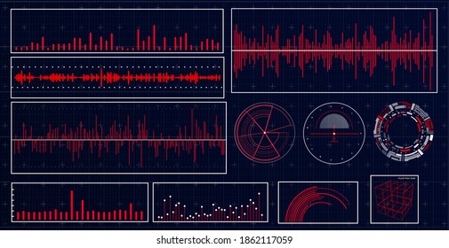 HUD futuristic interface. Hitech display with infographic elements. Dashboard with chart, diagram, line, graphic and data.