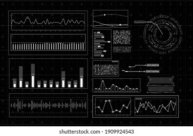 HUD futuristic interface. Hitech display with infographic elements. Dashboard with chart, diagram, line, graphic and data.