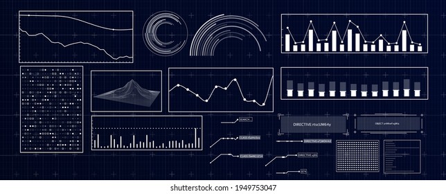 HUD interfaz futurista. Pantalla Hitech con elementos infográficos. Panel con gráfico, diagrama, línea, gráfico y datos.