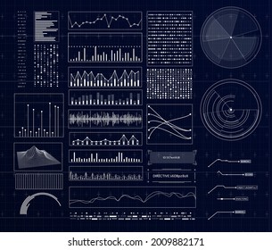 HUD futuristic interface. Hitech display with infographic elements. Dashboard with chart, diagram, line, graphic and data.